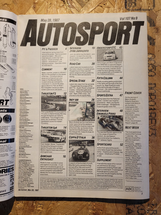 Autosport Magazine 28 May 1987 (1035) Al Unser Sent Wins Indianapolis 500 Herbert F3