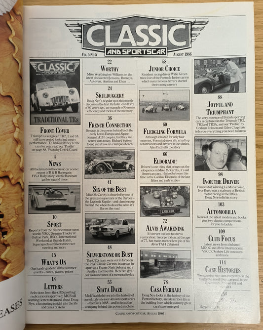 Classic and Sportscar Magazine August 1986 (1155) Traditional TRs Triumph TR2 TR3A