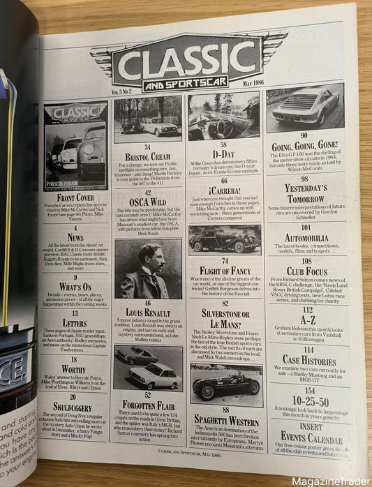 Classic and Sportscar Magazine May 1986 (1155) Porsche Parade Jaguar D-Type Bucciali Bristol V8
