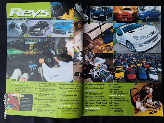 Magazine with various car-related images and text on a black background