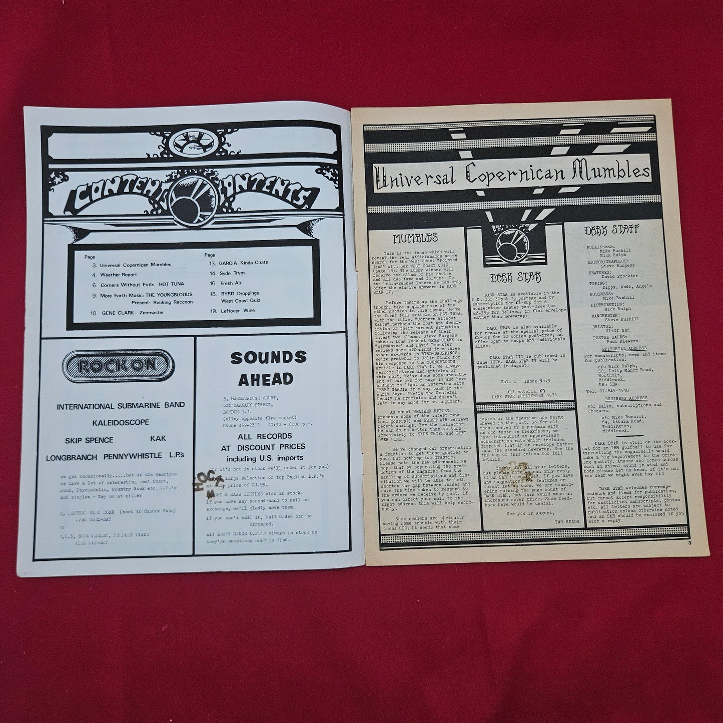 Dark Star Magazine June 1976 (1277) Vol 1 No 3 Jerry Garcia Gene Clark Hot Tuna