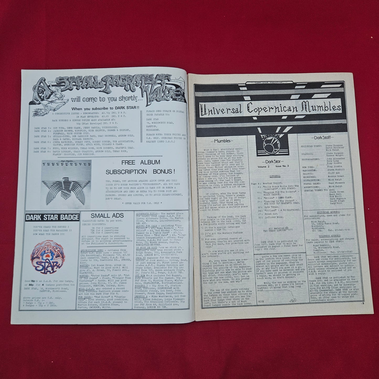 Dark Star Magazine June 1977 (1277) Vol 2 No 3 Boz Scaggs Gene Clark Beach Boys