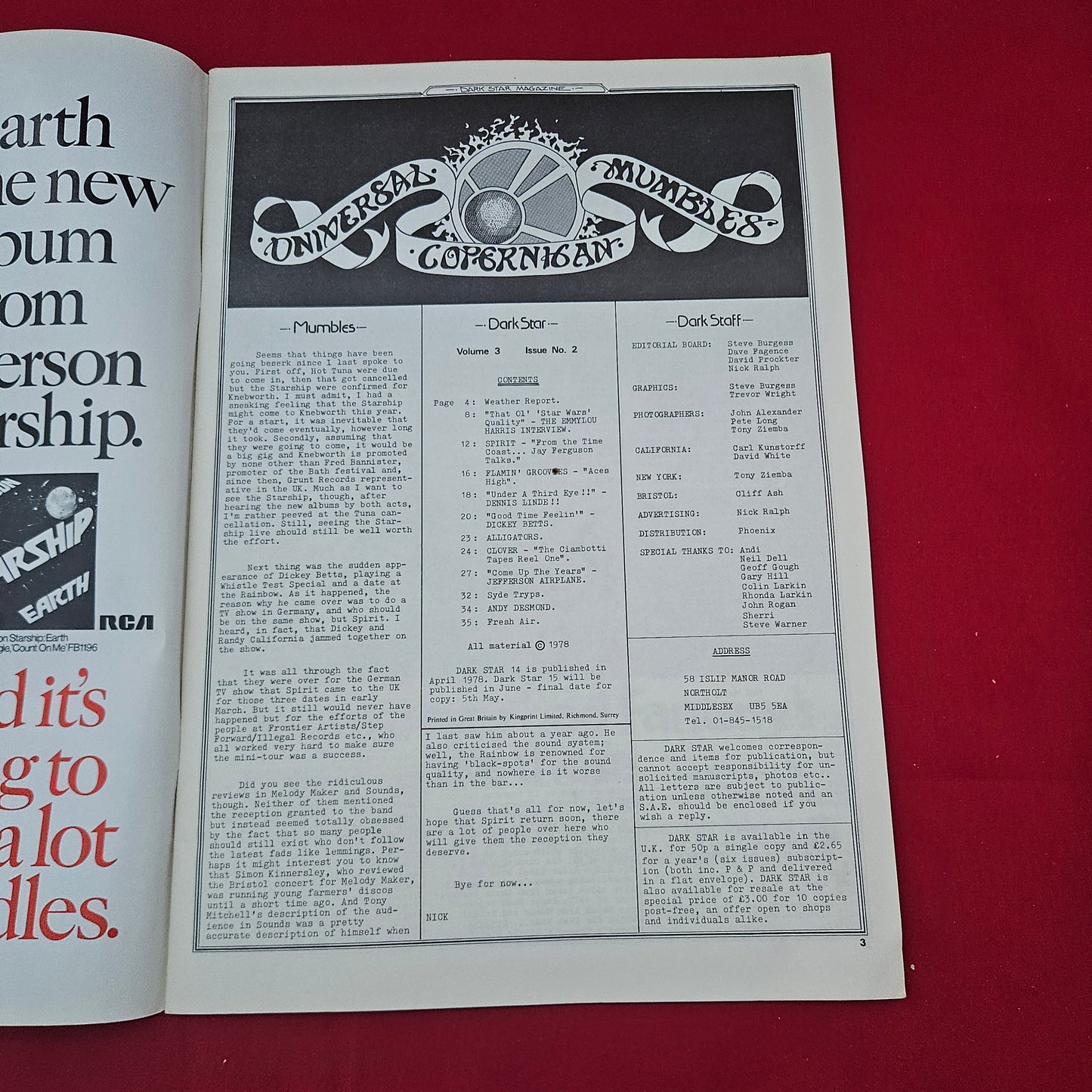 Dark Star Magazine April 1978 (1277) Vol 3 No 2 Emmylou Harris Spirit Betts