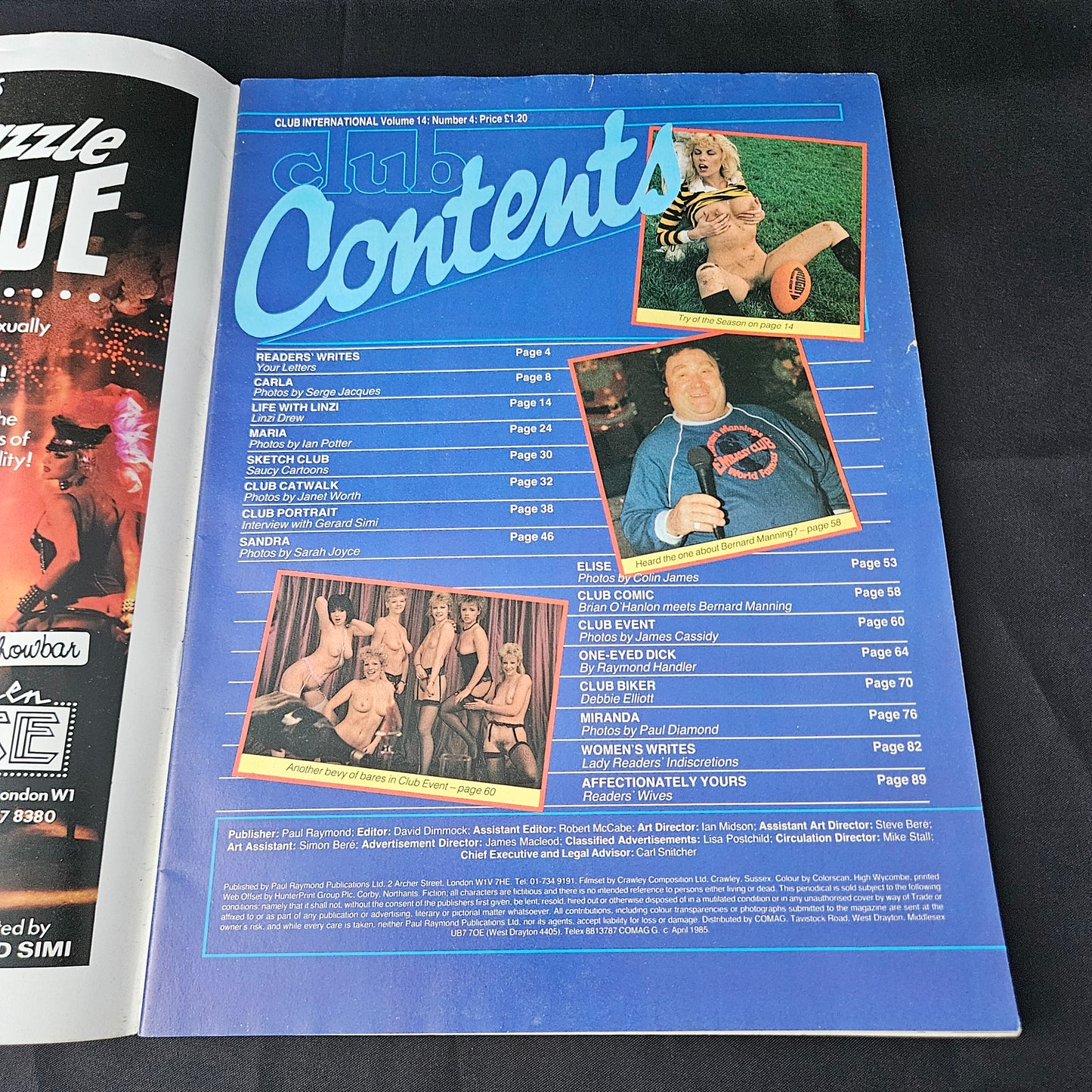 Club International Magazine April 1985 Volume 14 Number 4 (1385) Linzi Drew Debbie Elliott Carla Maria Glamour Models