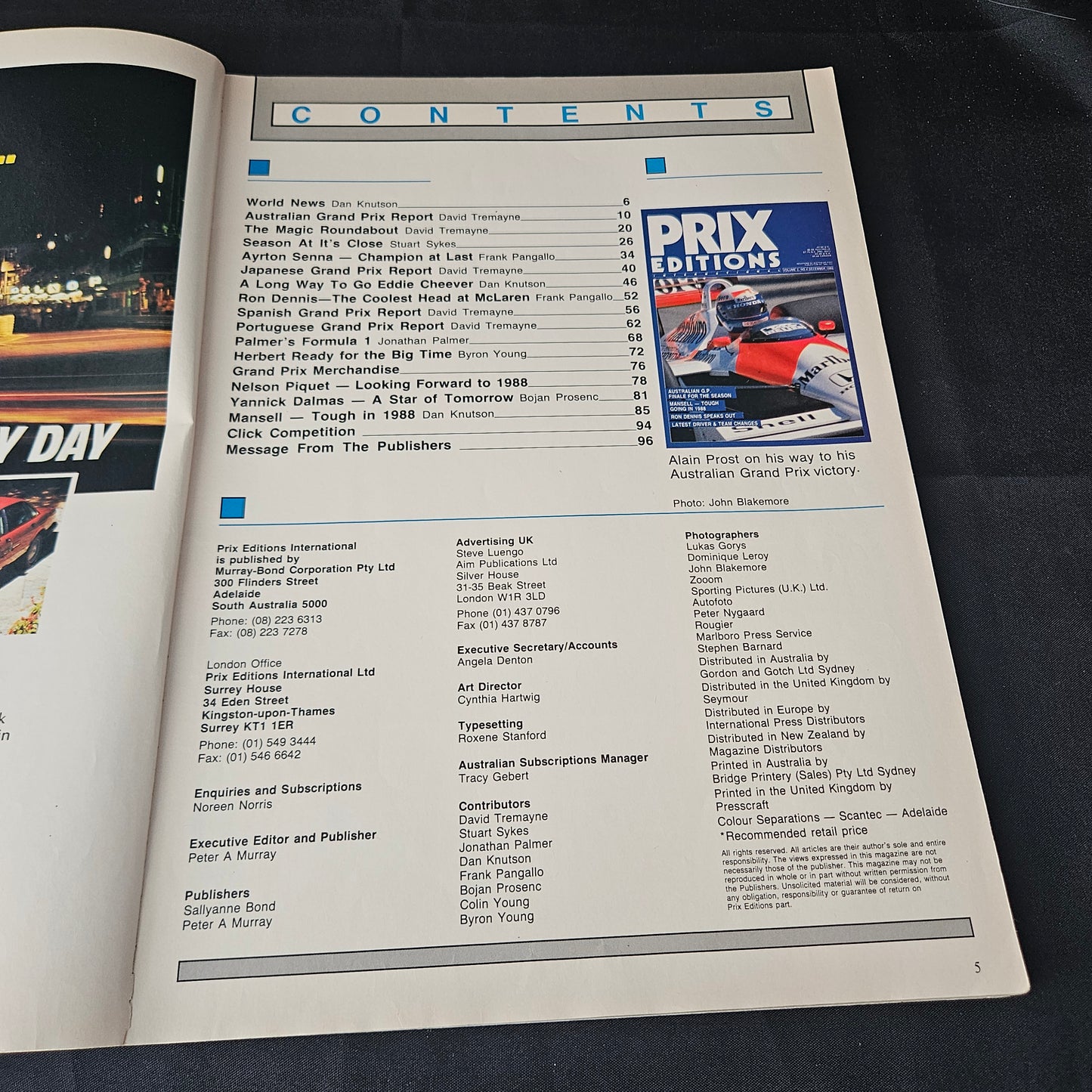Prix Editions Magazine December 1988 (1396) McLaren Honda MP4/4 Alain Prost Australian GP F1 Magazine