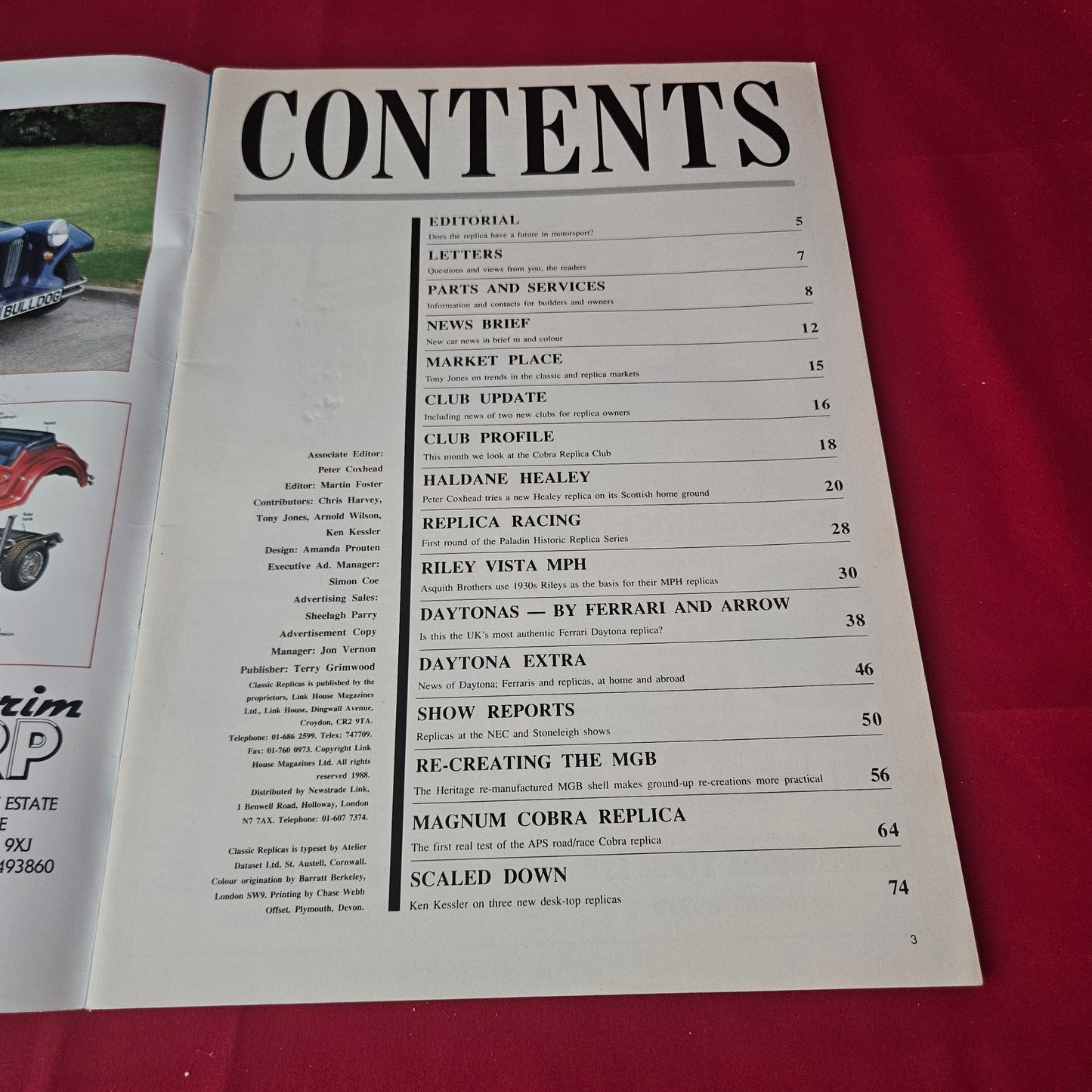 Classic Replicas Magazine August/September 1988 (1419) Ferrari Daytona MGB Cobra Austin Healey Riley MPH