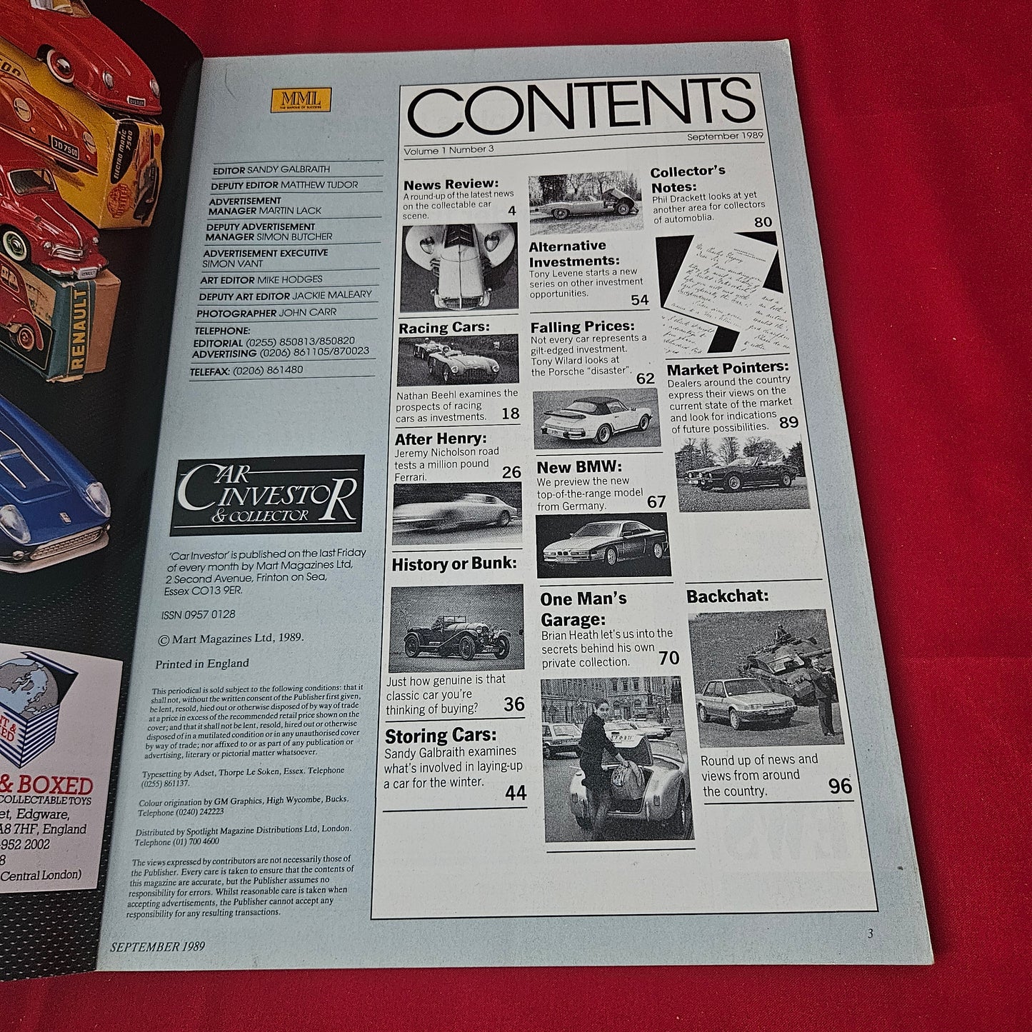 Car Investor & Collector Magazine September 1989 (1419) Ferrari Porsche BMW Racing Cars