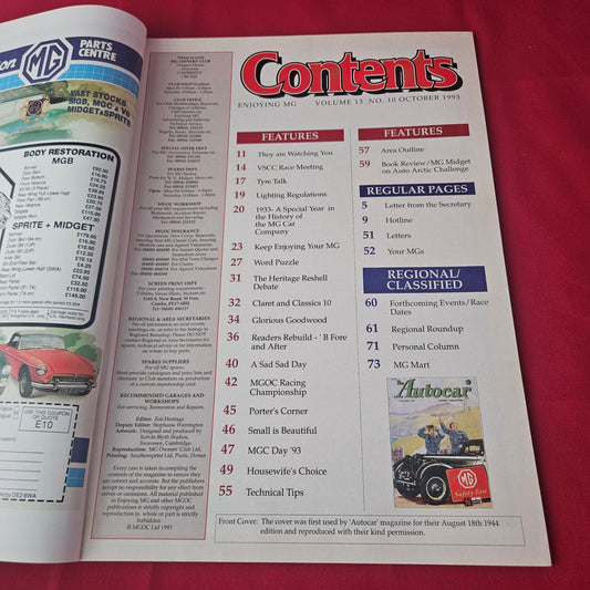 Enjoying MG Magazine October 1993 (1424) MG Midget MGC Day VSCC Goodwood MGOC