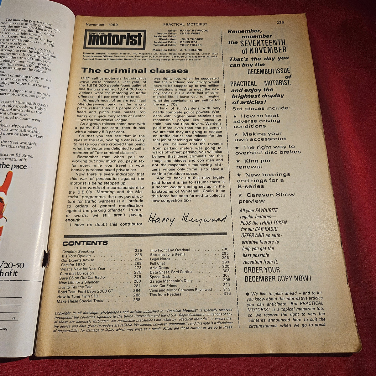 Practical Motorist Magazine November 1969 Ford Capri 2000 GT Cortina Mini 1970 Cars SKU 1525