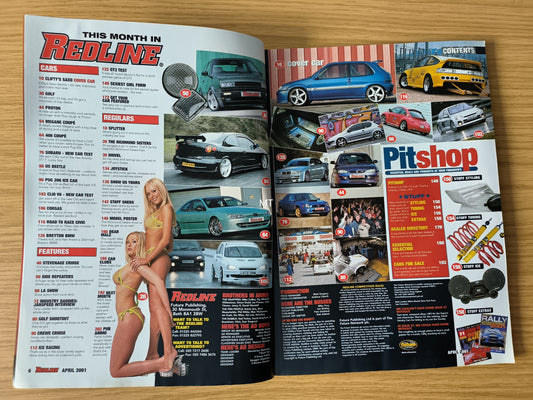 Redline Magazine April 2001 | Katie Richmond | Ginnie Richmond | Saxo on 18s | V6 Clio | Civic 10 Sec