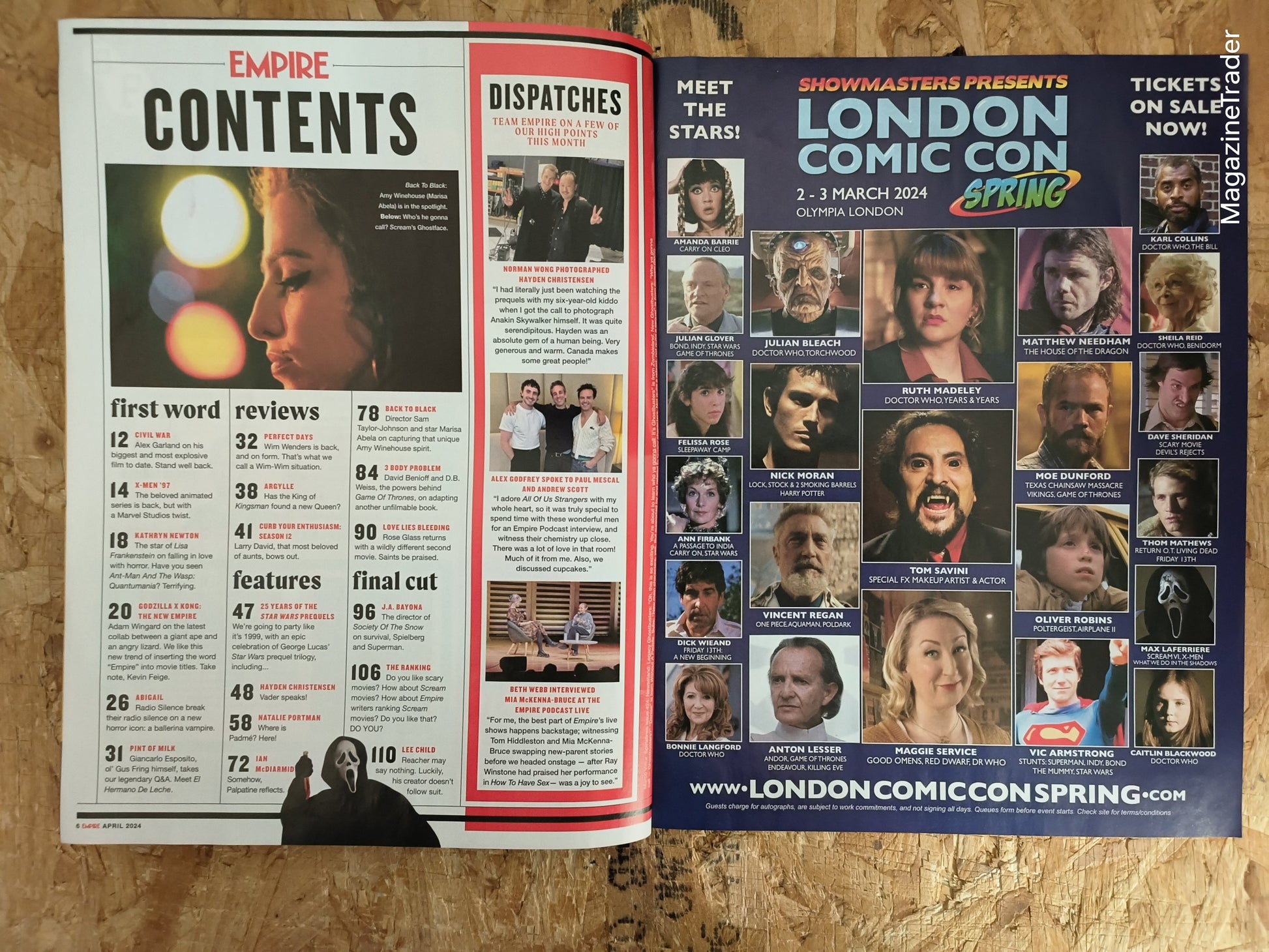 Magazine with a 'Contents' page and a promotional flyer for London Comic Con on a wooden surface.