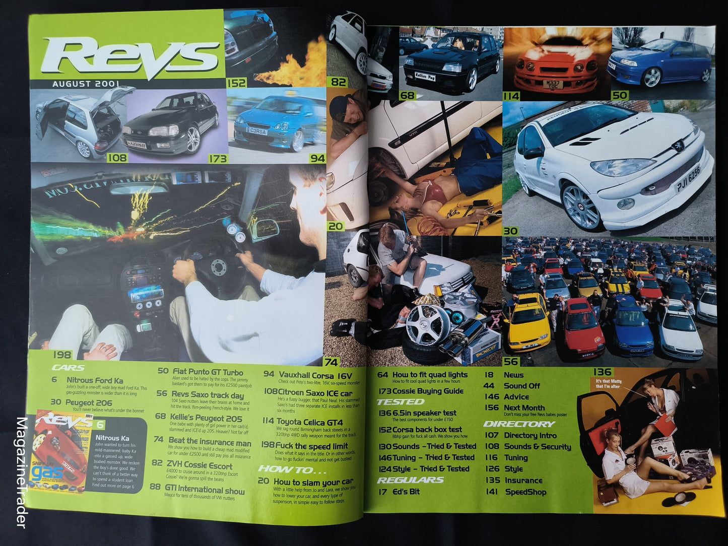 Magazine with various car-related images and text on a black background