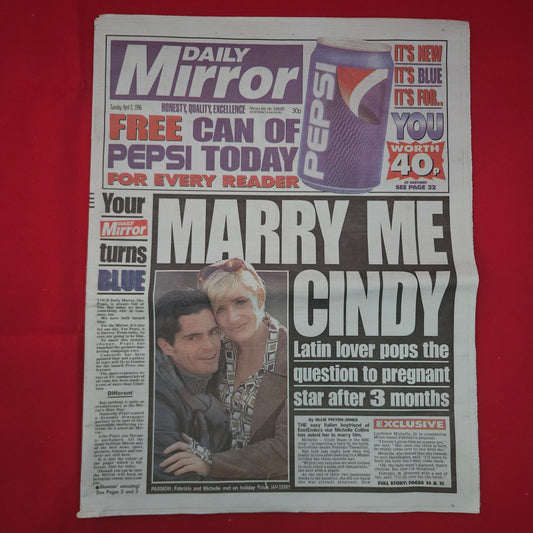 Daily Mirror Newspaper April 2 1996 (bb009) Michelle Collins EastEnders Pepsi Blue Launch Man Utd Martin Edwards Chelsea