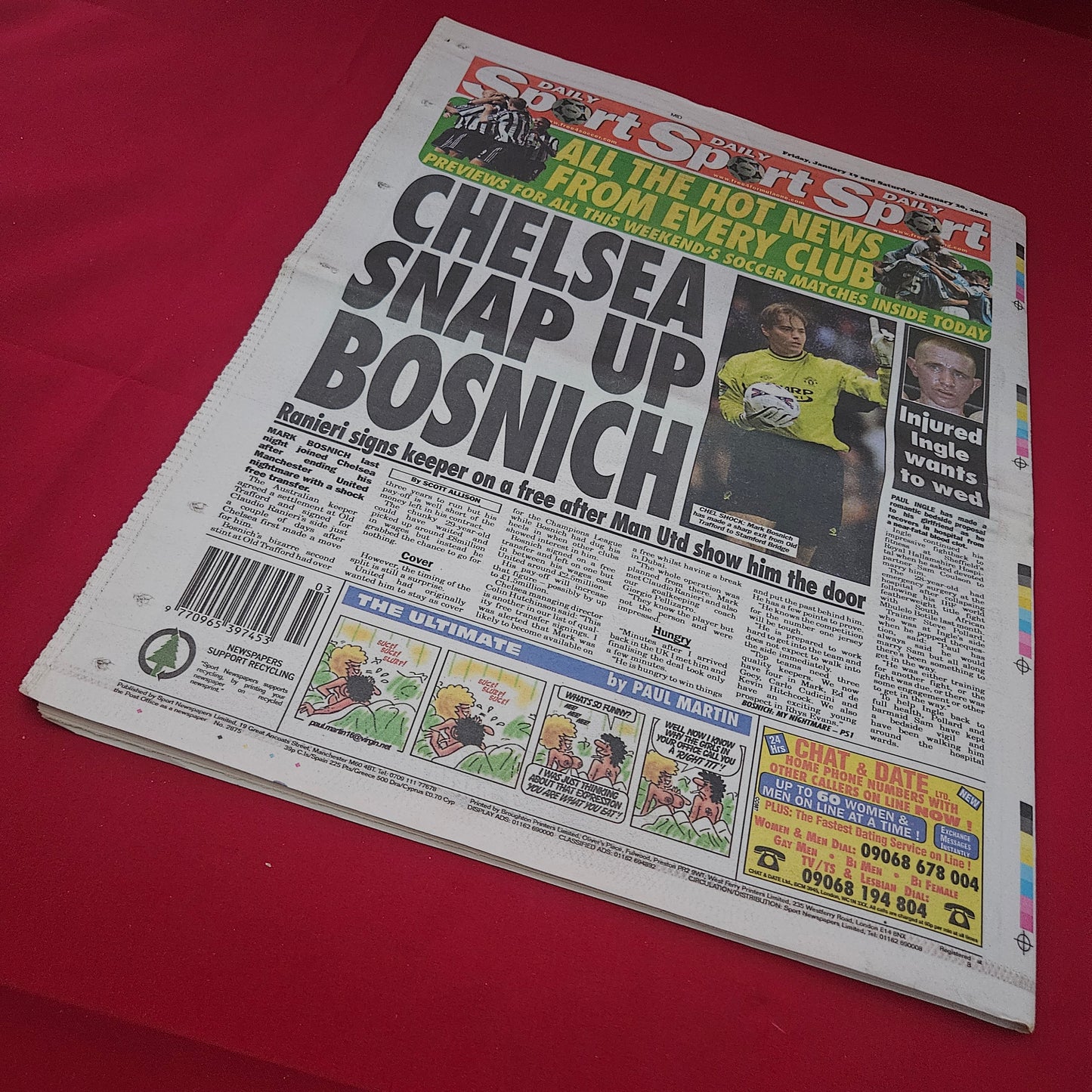 Daily Sport Newspaper Jan 19 2001 (bb009) Teresa May Bruce Grobbelaar Mark Bosnich Chelsea Britney Spears