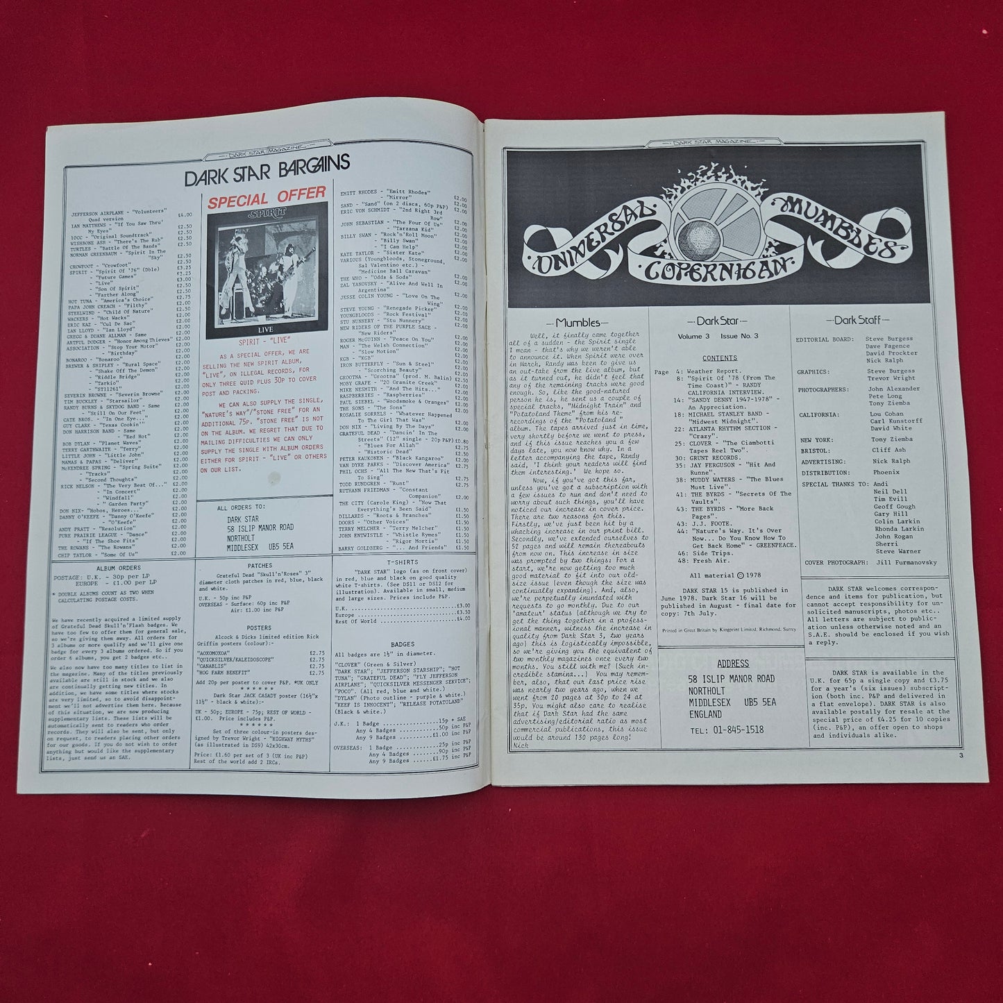 Dark Star Magazine June 1978 (1277) Vol 3 No 3 Spirit Muddy Waters Byrds Clover
