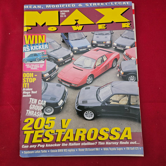 Max Power Magazine October 1993 (1293) 205 v Testarossa Cosworth M3 V8 Escort