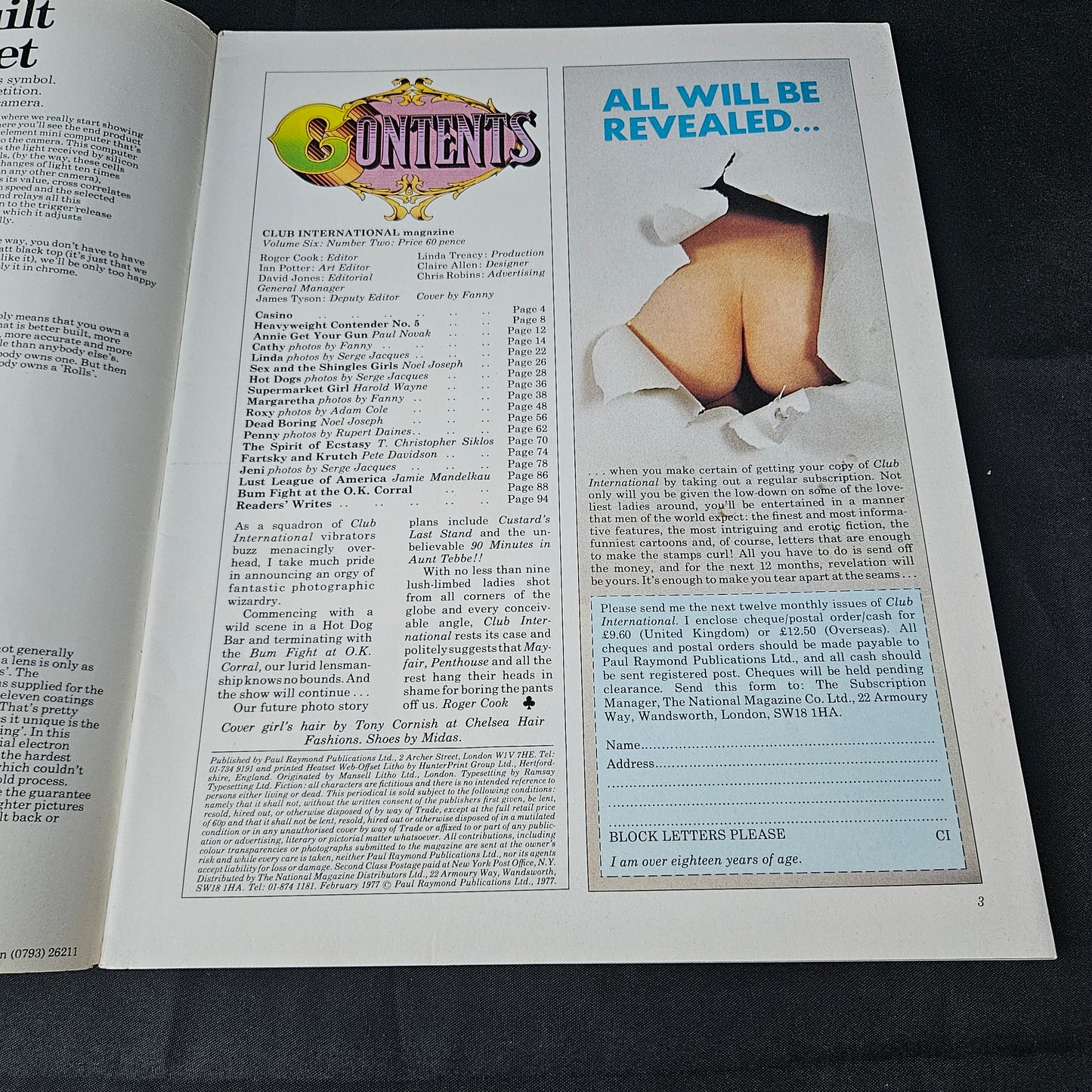 Club International Magazine February 1977 Volume 6 Number 2 (1385) Cathy Boda Margaretha Roxy Penny Jeni Glamour Models