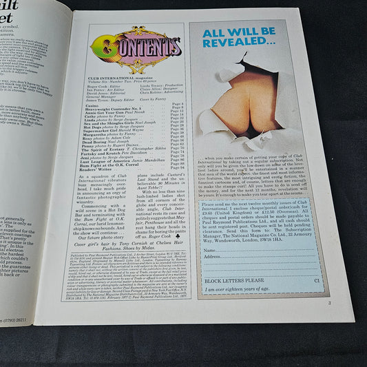 Club International Magazine February 1977 Volume 6 Number 2 (1385) Cathy Boda Margaretha Roxy Penny Jeni Glamour Models