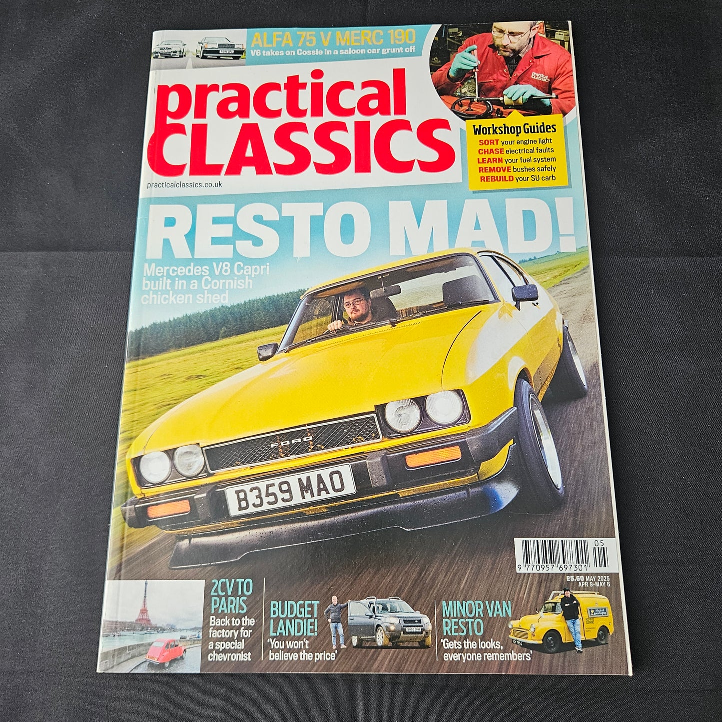 Practical Classics Magazine May 2025 (1399) Ford Capri Mercedes V8 Alfa 75 Merc 190 Citroen 2CV Minor Van