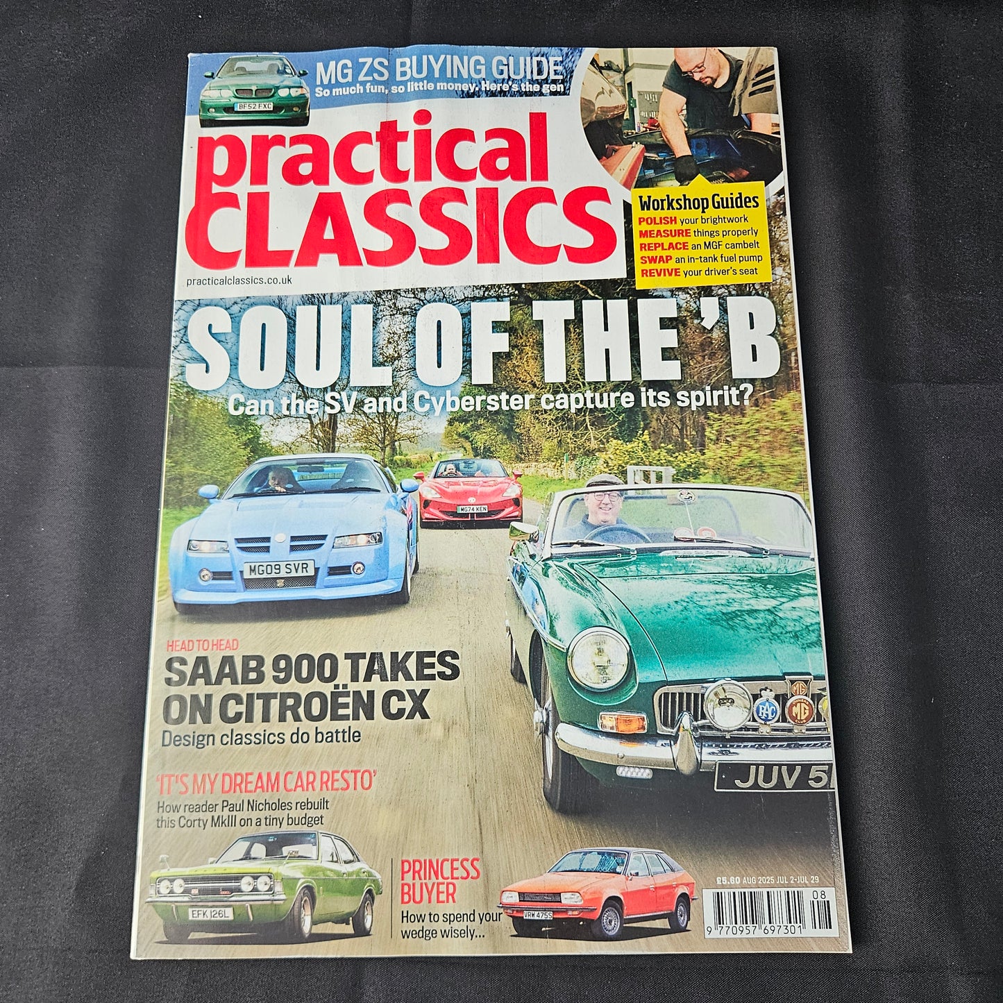 Practical Classics Magazine August 2025 (1399) MG B MG SV Cyberster Saab 900 Citroen CX Cortina MkIII MG ZS Jaguar X300