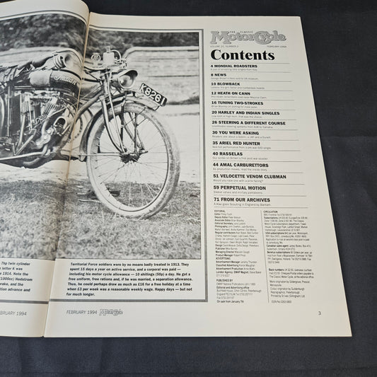 The Classic Motor Cycle Magazine February 1994 (1402) Velocette Venom Clubman Ariel Indian Harley Mondial