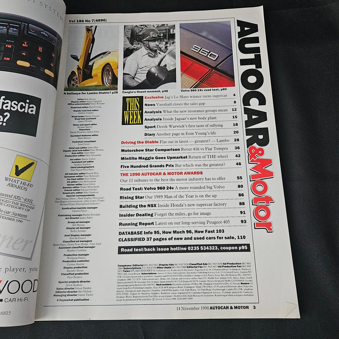 Autocar & Motor Magazine 14 November 1990 (1405) Jaguar XJR15 Lamborghini Diablo Volvo 960 NSX