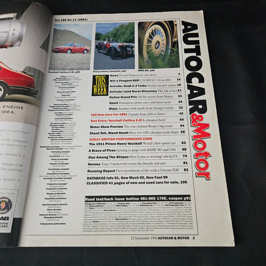 Autocar & Motor Magazine 12 September 1990 (1405) 100 New Cars 1991 Aston Martin Vantage BMW M5 Calibra