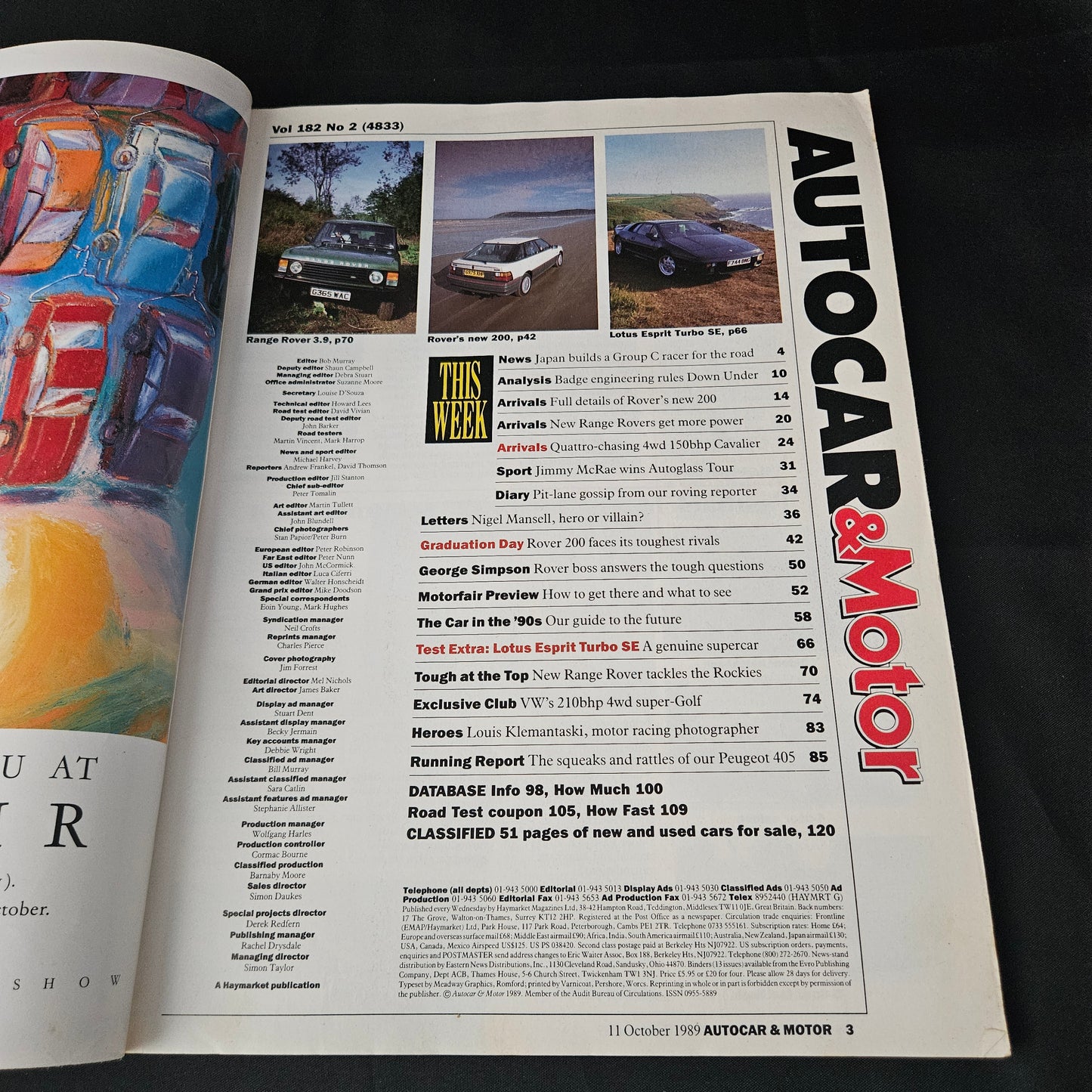 Autocar & Motor Magazine 11 October 1989 (1405) Rover 200 Range Rover Lotus Esprit Turbo SE
