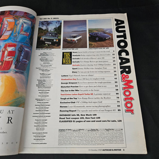 Autocar & Motor Magazine 11 October 1989 (1405) Rover 200 Range Rover Lotus Esprit Turbo SE