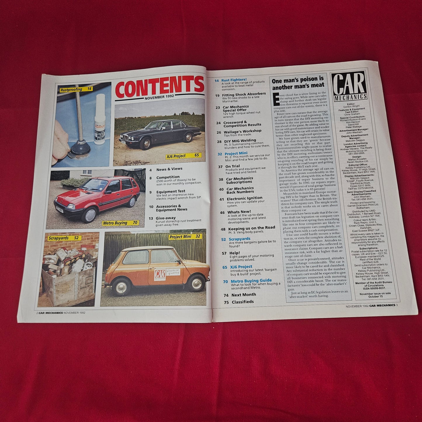 Car Mechanics Magazine November 1992 (1419) Jaguar XJ6 Mini Metro Rustproofing MIG Welding